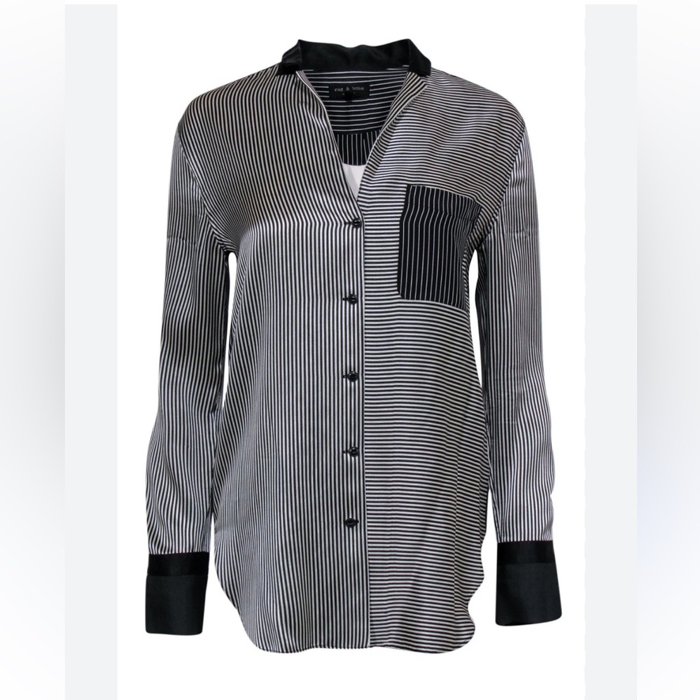 Rag Bone Black White Striped 100% Silk Button Down Top